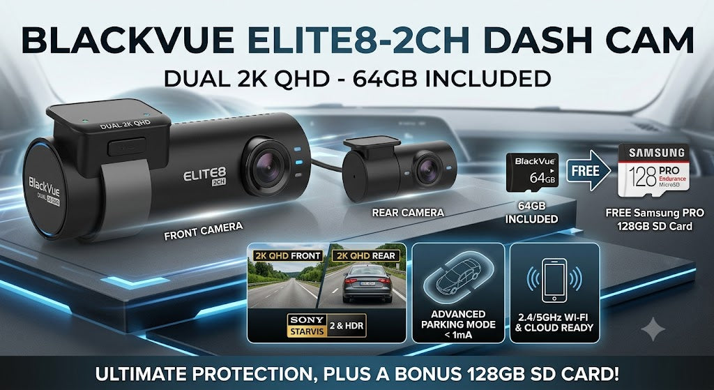 BlackVue ELITE8-2CH - 64GB + Free 128GB SD Card best dash cams Australia dash cams Australia BlackVue dash cams, iroad dash cam, Dash Cams Australia, Best Dash Cams Australia 2025, Thinkware Dash Cams Australian Dash Cams